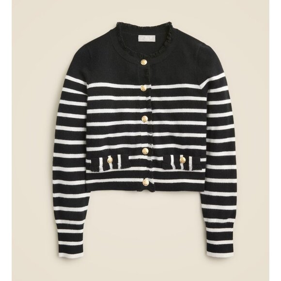 NWT J.Crew Cashmere Fringe-trim Sweater Lady Jacket in Black Ivory Stripe XXL - Picture 1 of 7